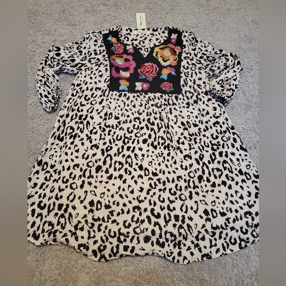 Impressions Floral Embroidered Leopard Print Dress Size Medium